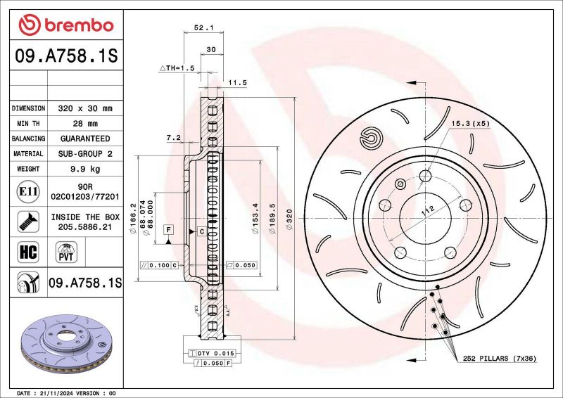 Brembo 09.A758.1S - Brzdový kotúč -