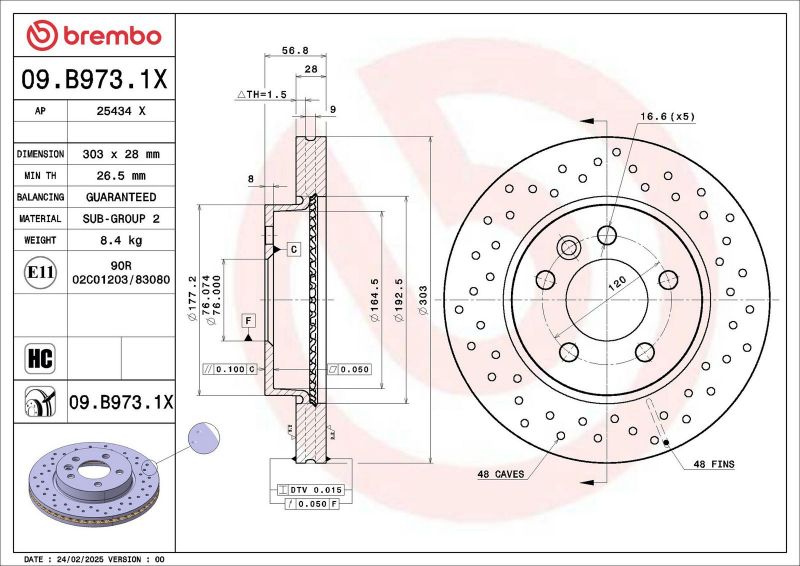 Brembo 09.B973.1X - Brzdový kotúč -