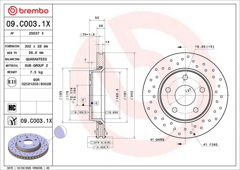 Brembo 09.C003.1X - Brzdový kotúč -