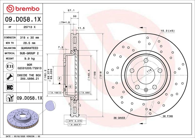Brembo 09.D058.1X - Brzdový kotúč -