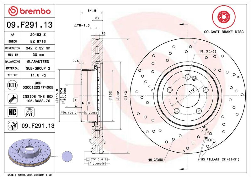 Brembo 09.F291.13 - Brzdový kotúč -