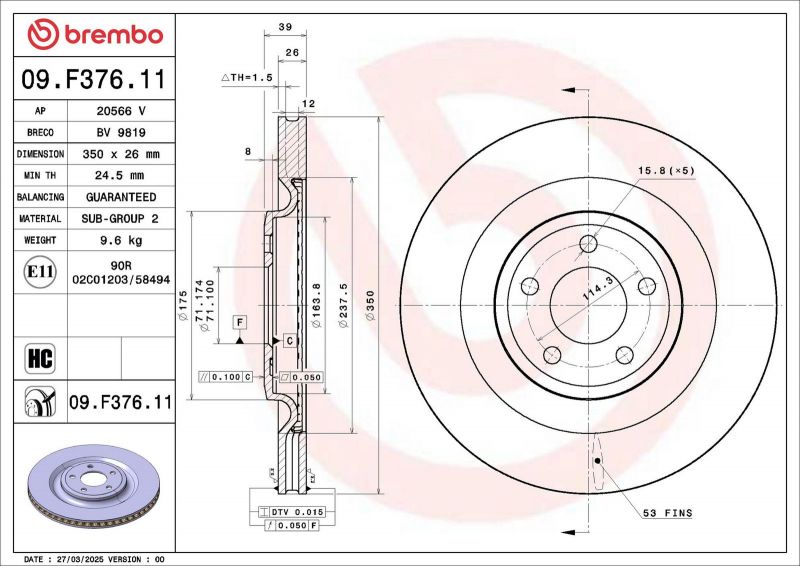 Brembo 09.F376.11 - Brzdový kotúč -